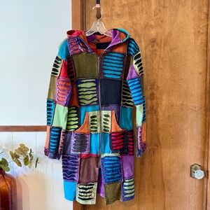 Rising International Patchwork Boho Zip Hooded Duster Jacket XL Multicolor Nepal